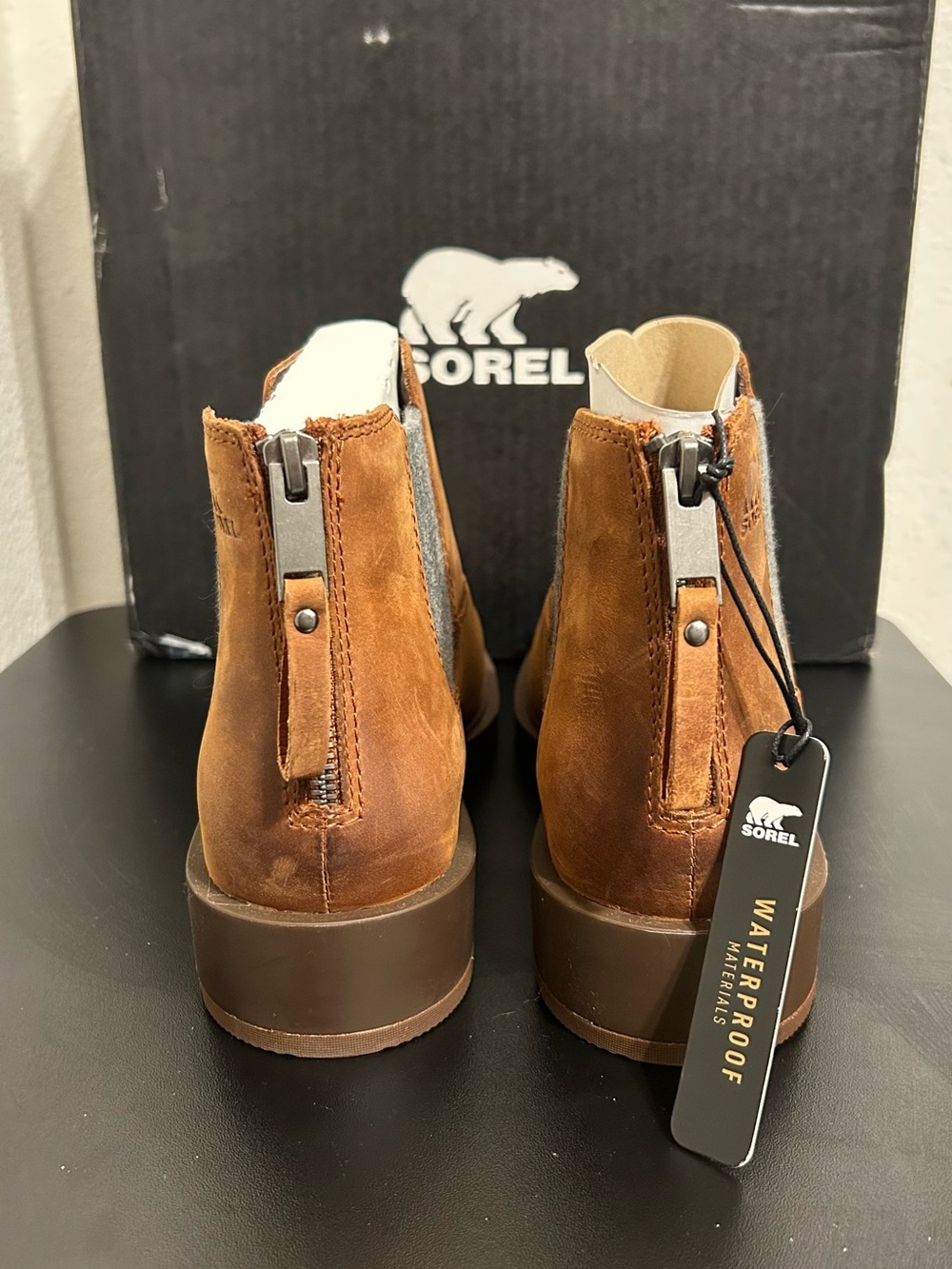 SOREL Emelie II Chelsea Heel Zip Women’s Leather Boots Dark Amber Tobacco Size 9 - Picture 7 of 11